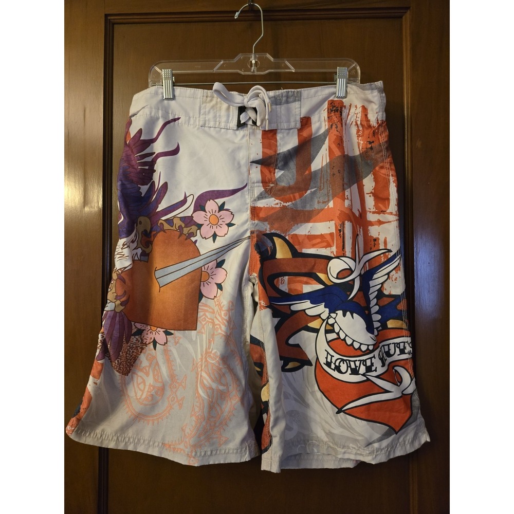 Tattoo Tattoo Free Spirit Mens Size XL Swim Board Shorts Elastic Hook & Loop EUC